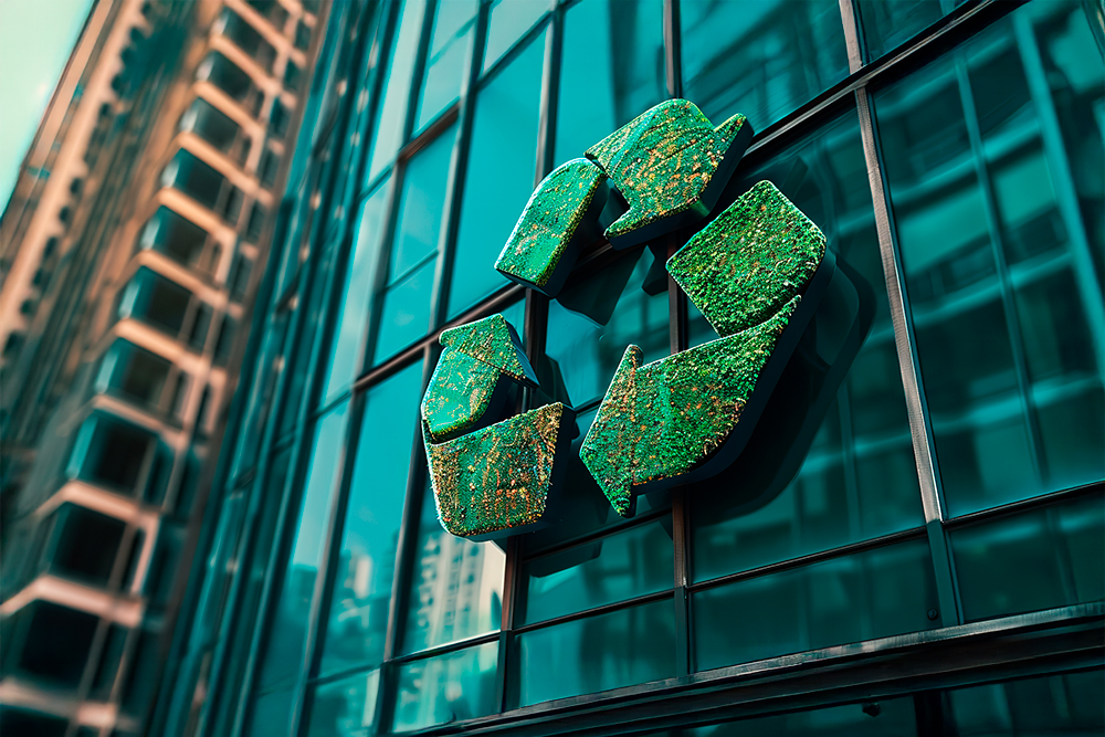 Green recycling symbol mounted on the glass facade of a building