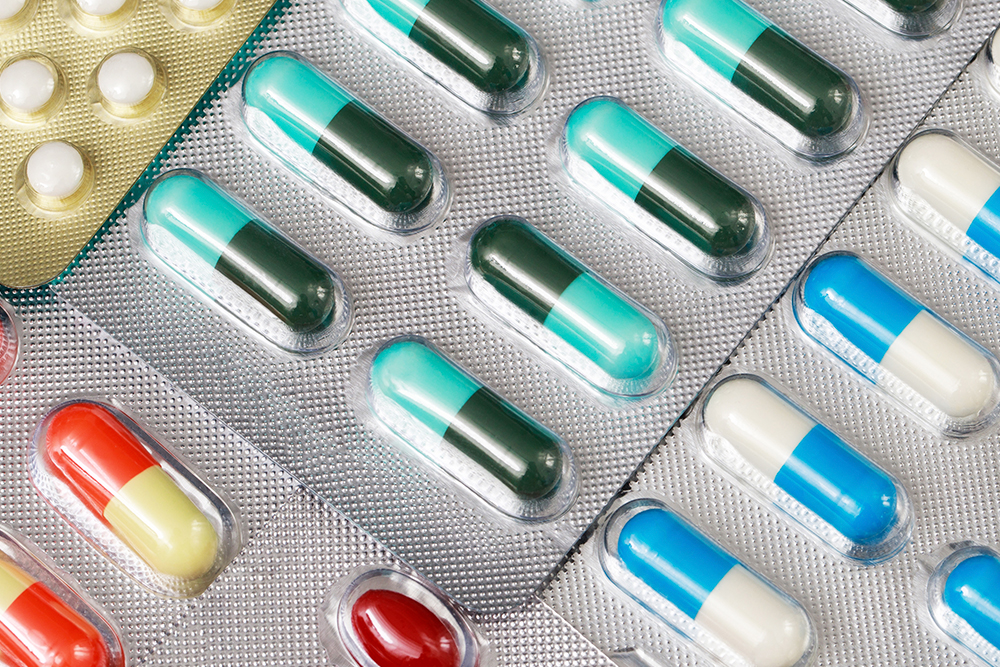 Close-up view of multicolored capsule blister pack