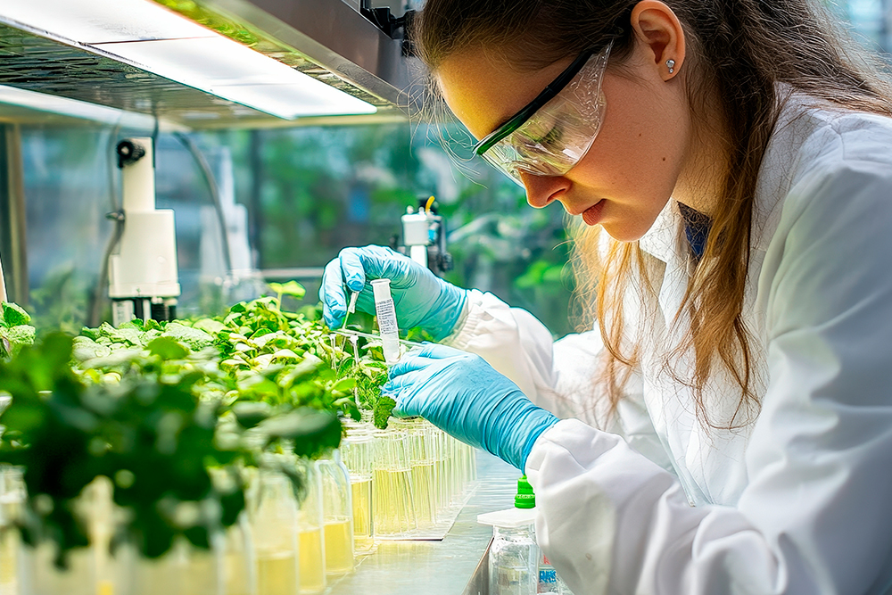 Researcher working with plant cultures in a biotechnology laboratory