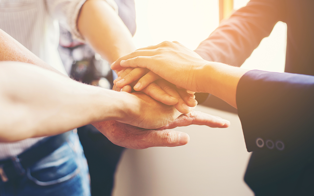 A group of people team huddling, representing synergies and teamwork in the Portfolio. 