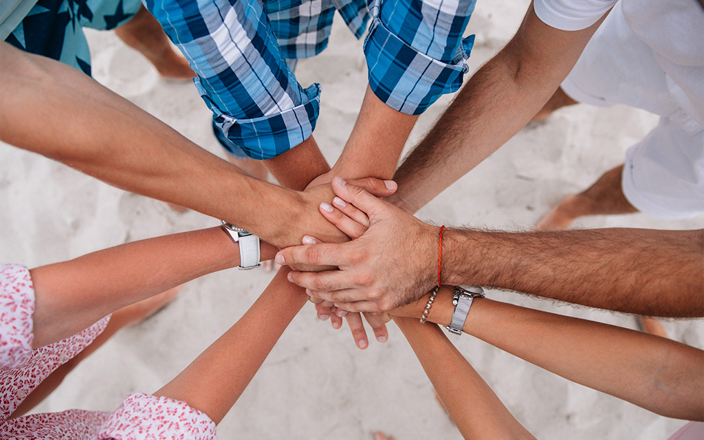 A group of people team huddling, representing synergies and teamwork in the Portfolio. 