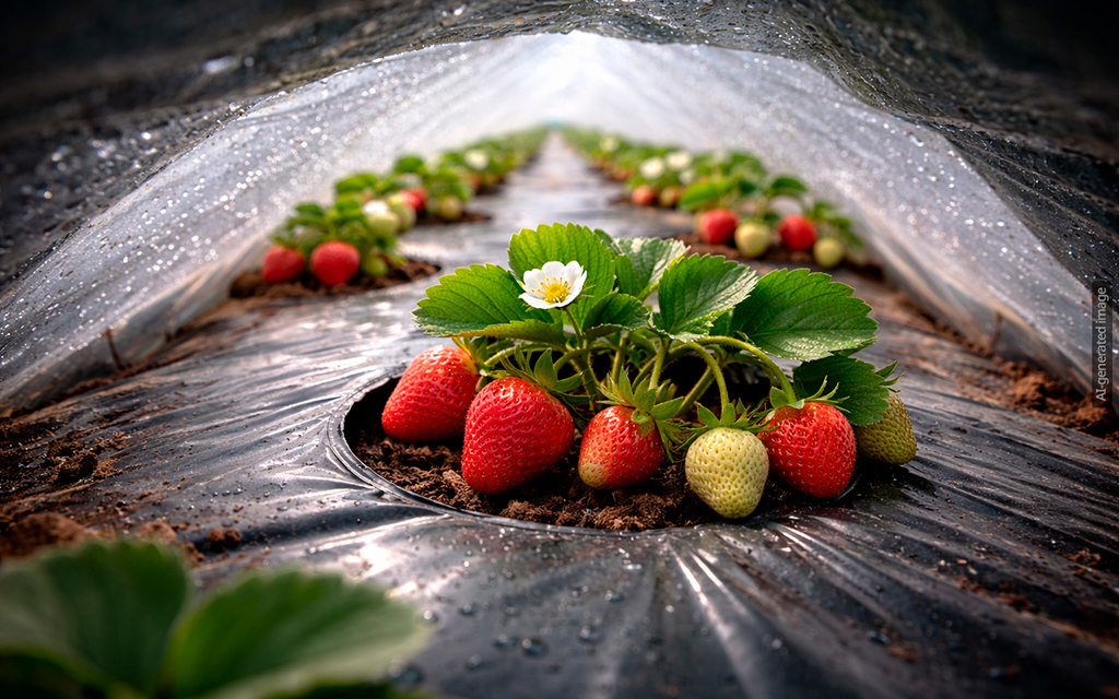 Strawberry plants growing under protective plastic mulch, with ripe and unripe strawberries in a cultivated field